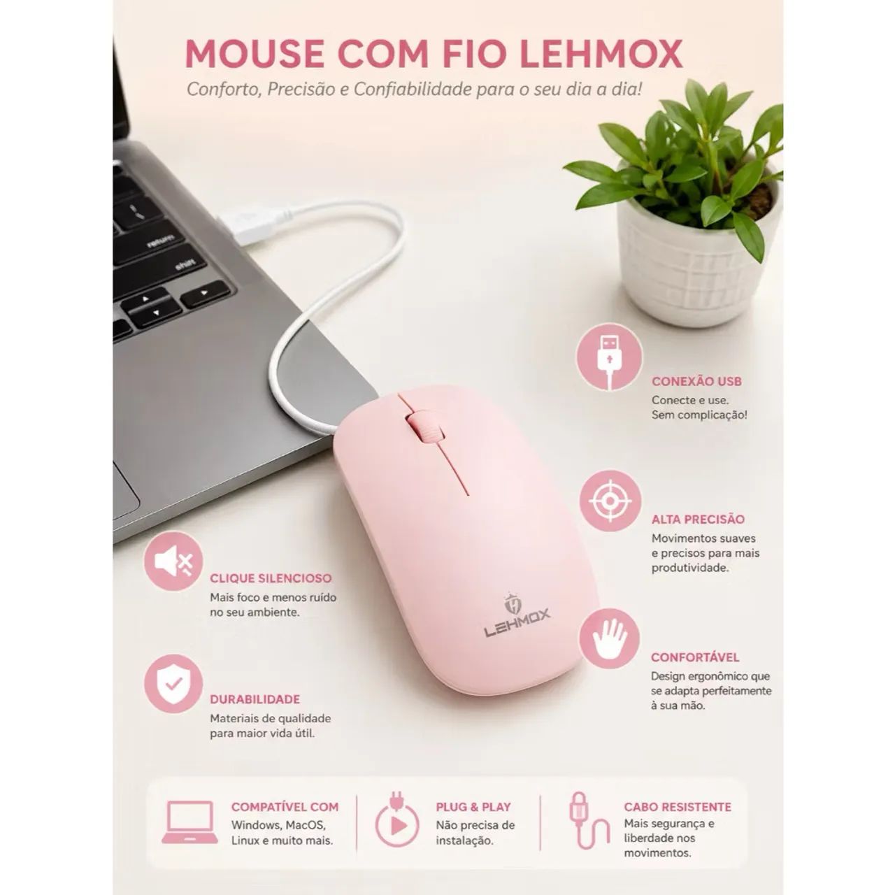 Mouse USB Com Fio LEHMOX LEY-1564 Silencioso Ergonômico Plug Play - Foto 3