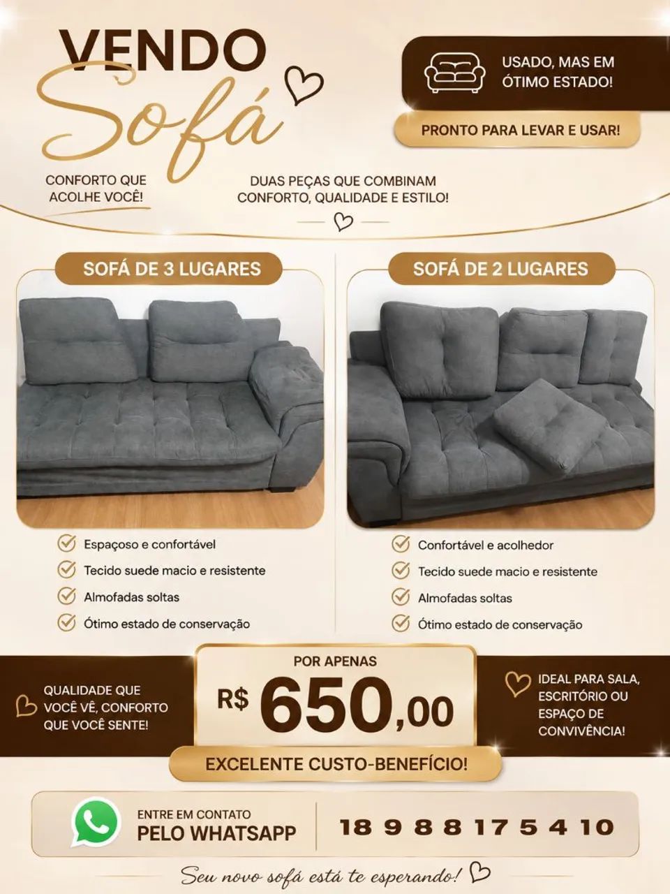 Vendo sofá de 3 e de 2 lugares 