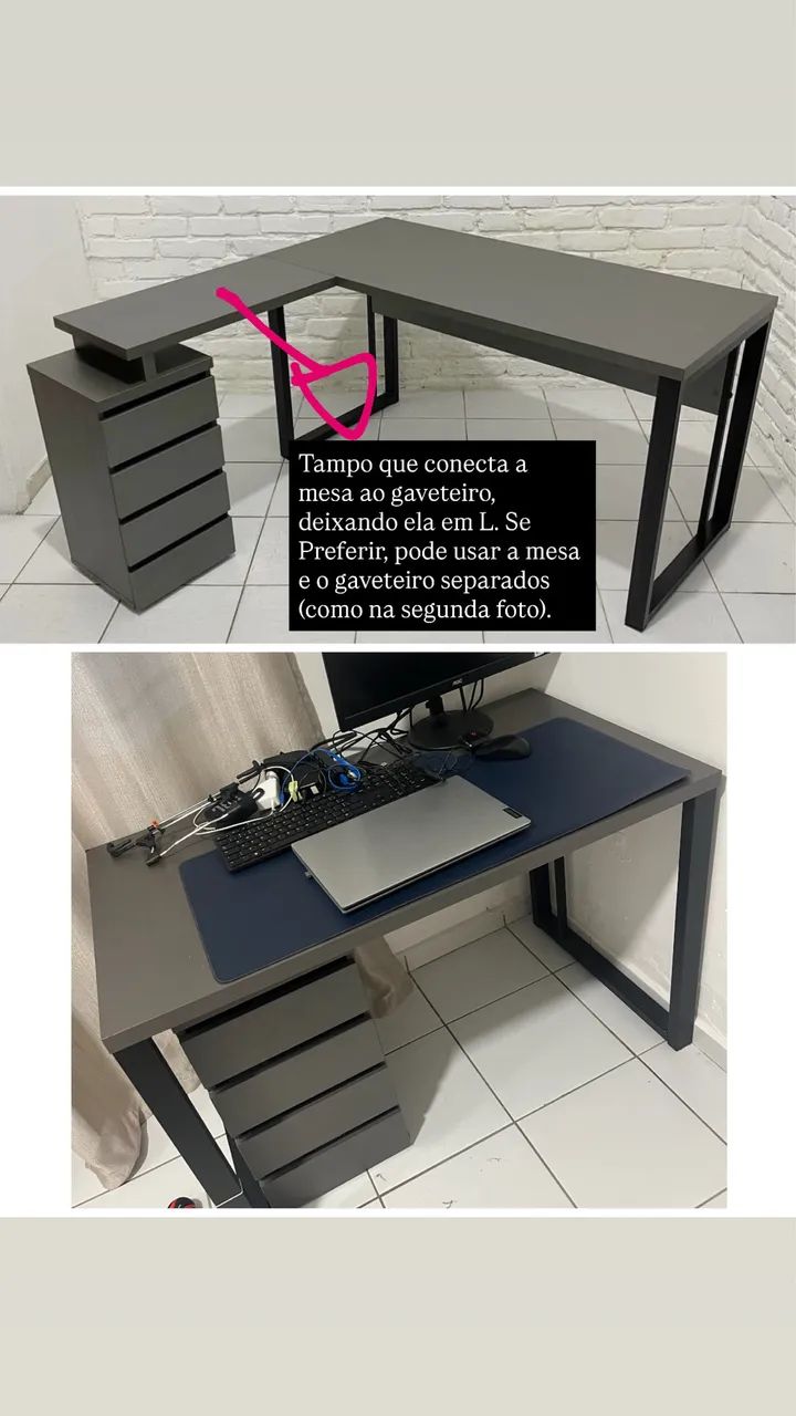 Escrivaninha e mesa de escritório com gaveteiro