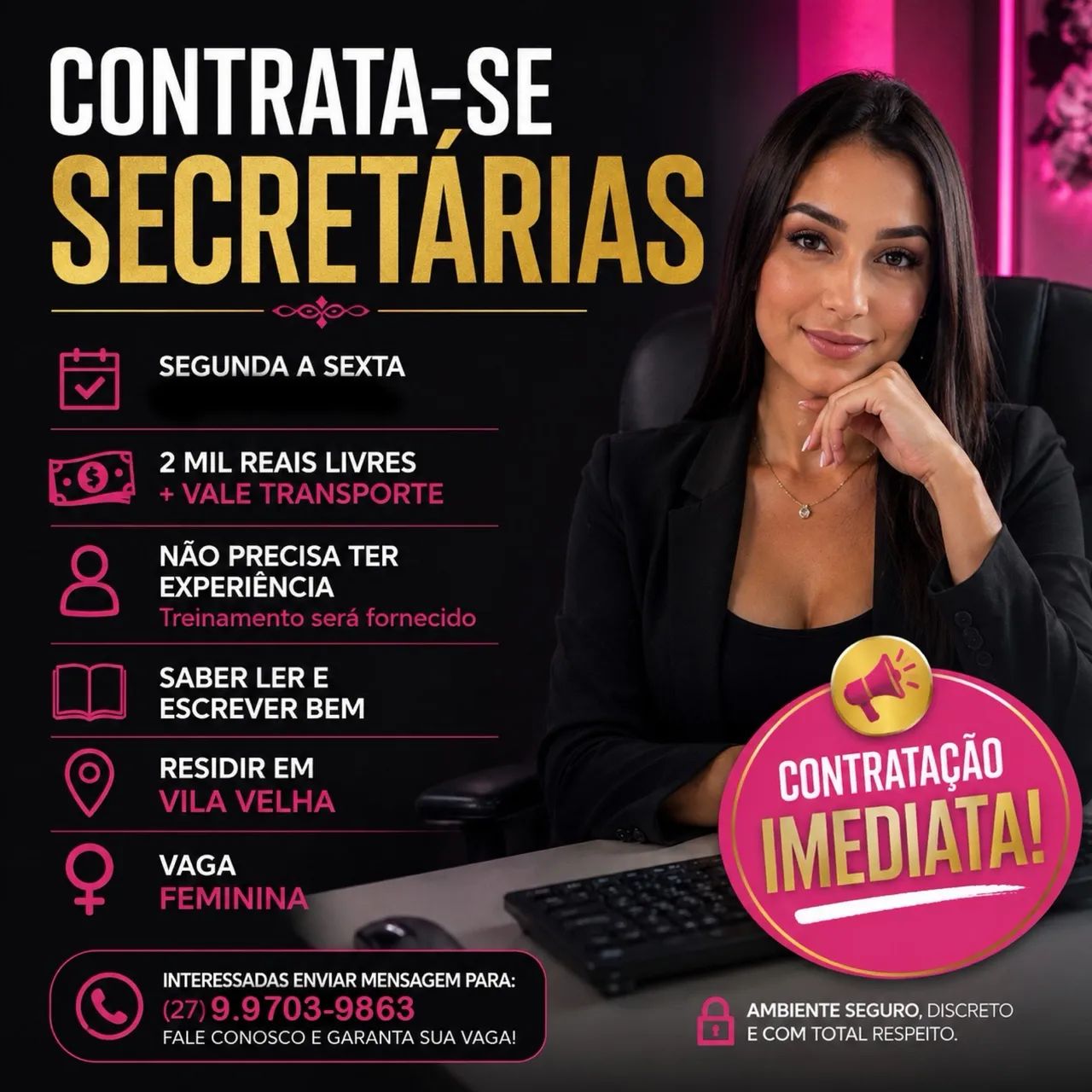 CONTRATO SECRETARIAS INÍCIO IMEDIATO + 2.000,00 LIVRES + PASSAGENS / SEGUNDA A SEXTA