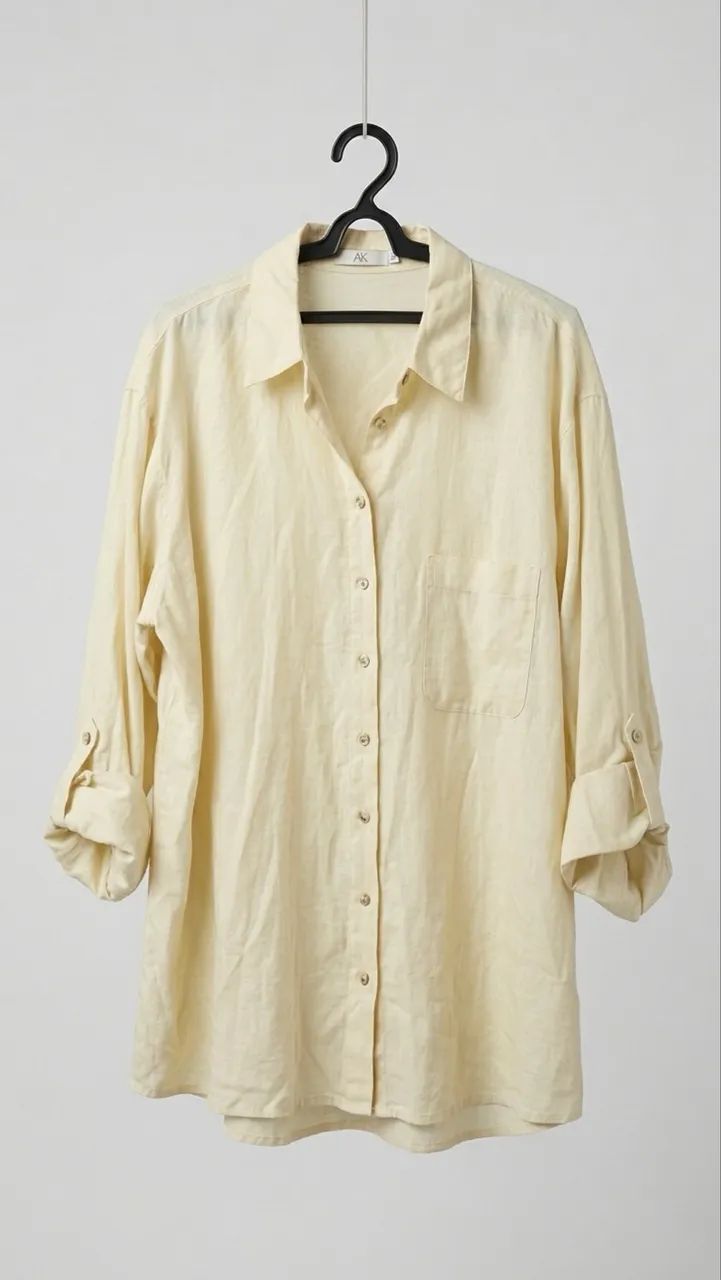     Camisa de Linho Bege Oversized Manga Longa