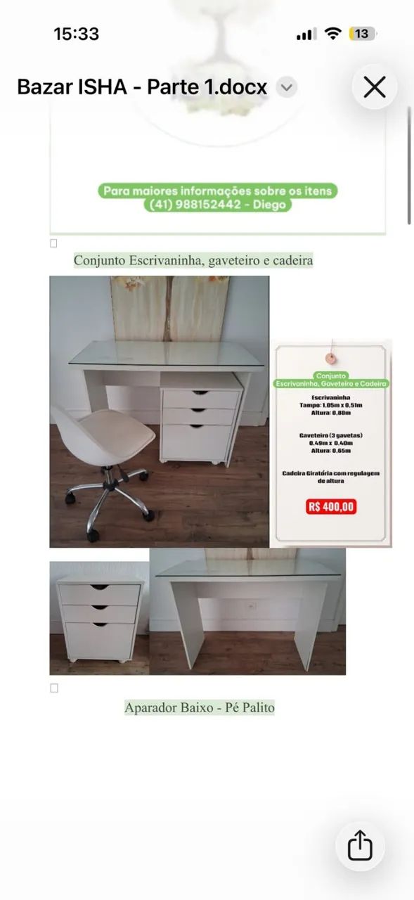 CONJUNTO ESCRIVANINHA, GAVETEIRO E CADEIRA