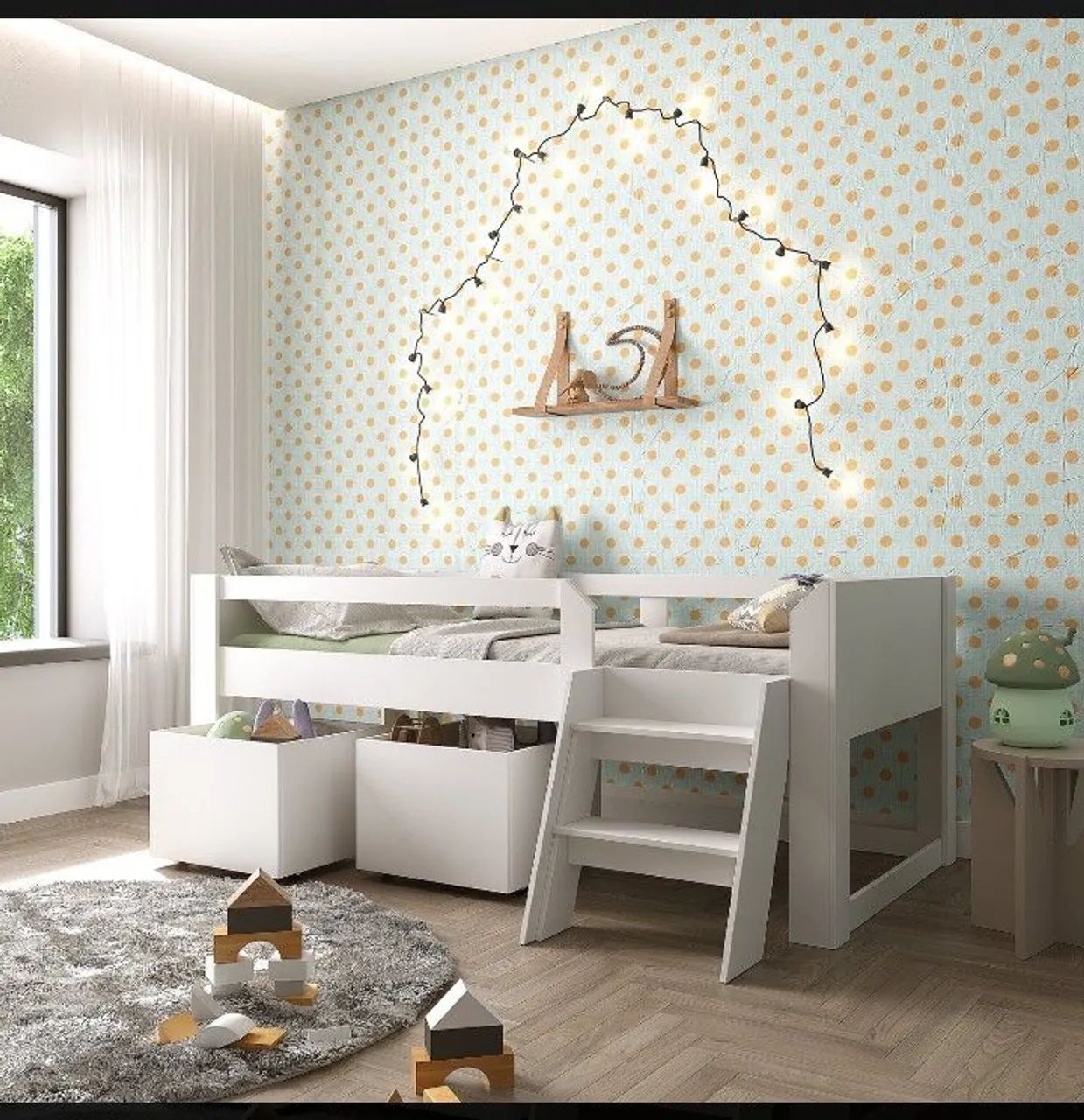 Cama infantil com escada e dois baús 