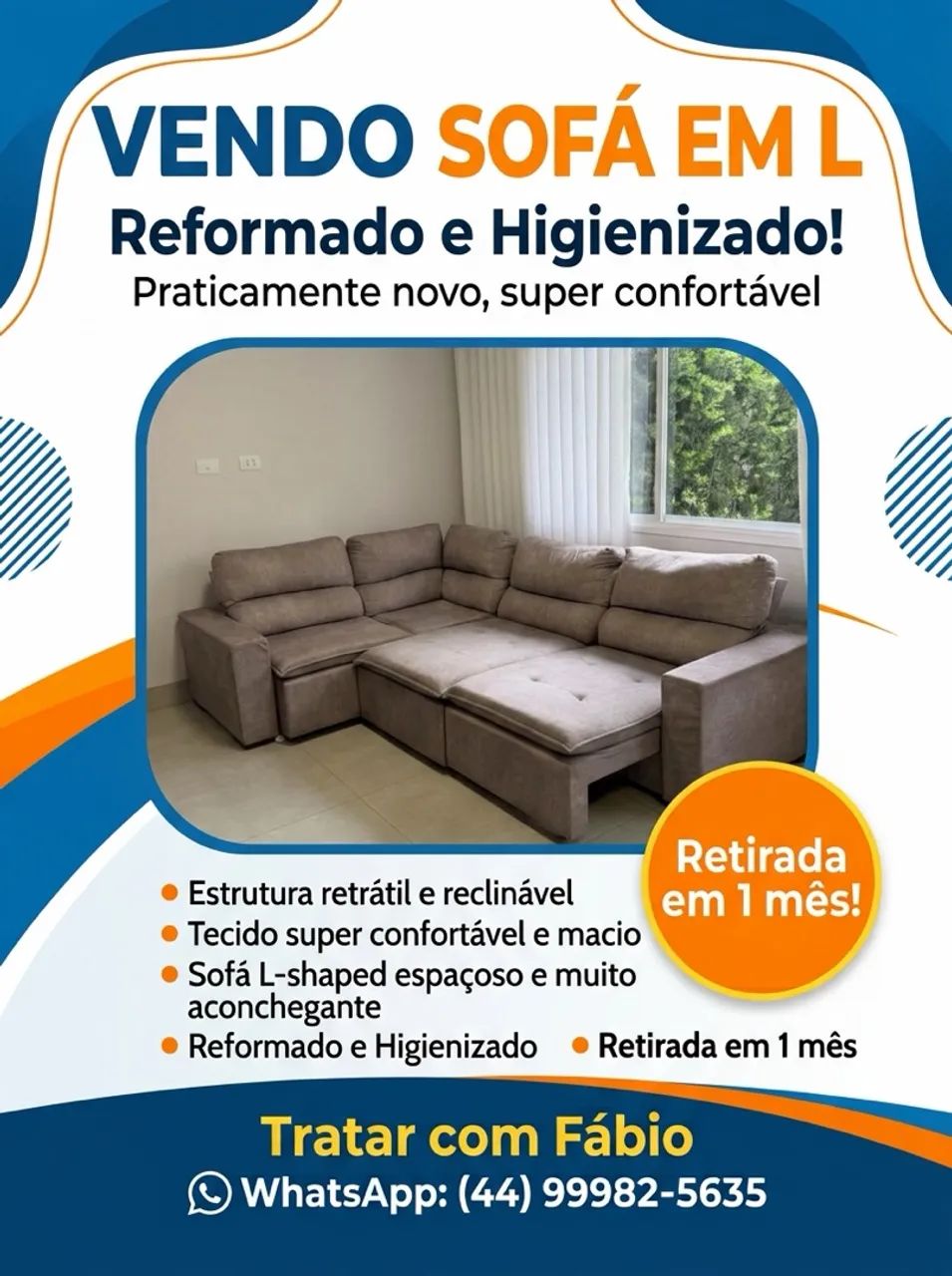 SOFÁ GRANDE EM L RETRÁTIL (ÚNICO DONO)