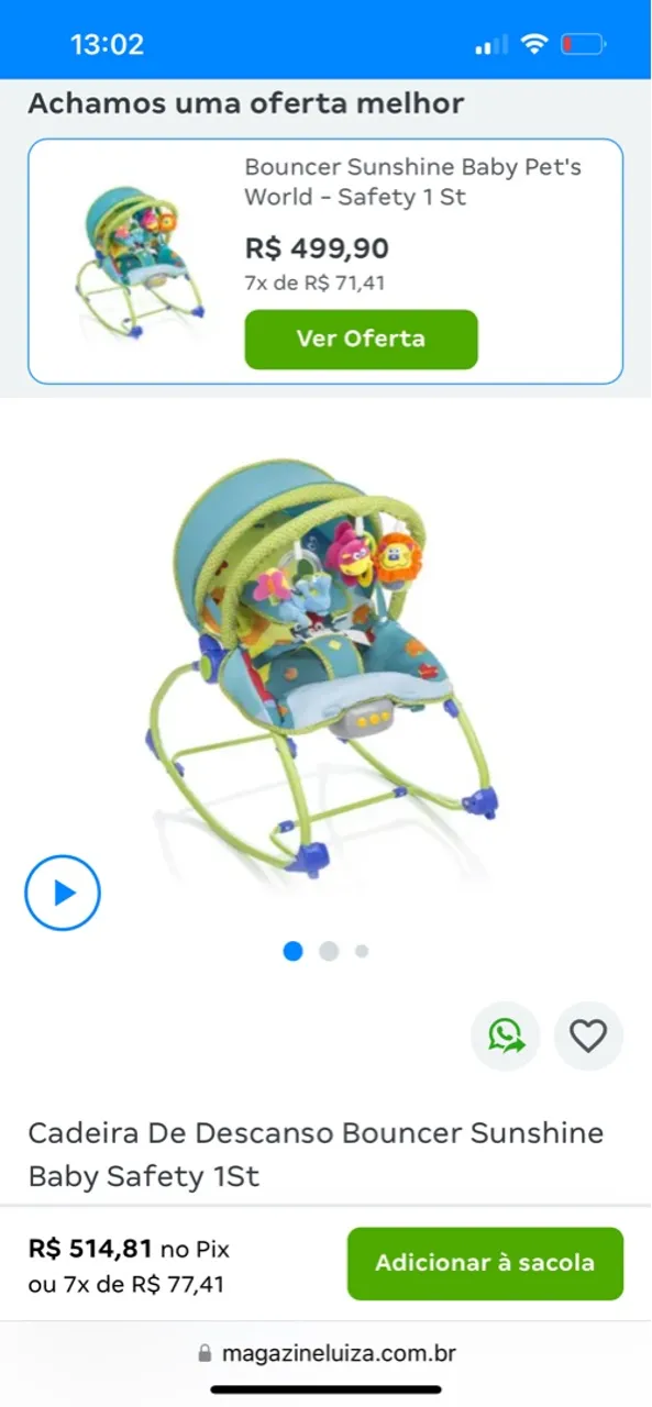 Cadeira de Descanso Bouncer Sunshine Baby Safety 1St - Nova