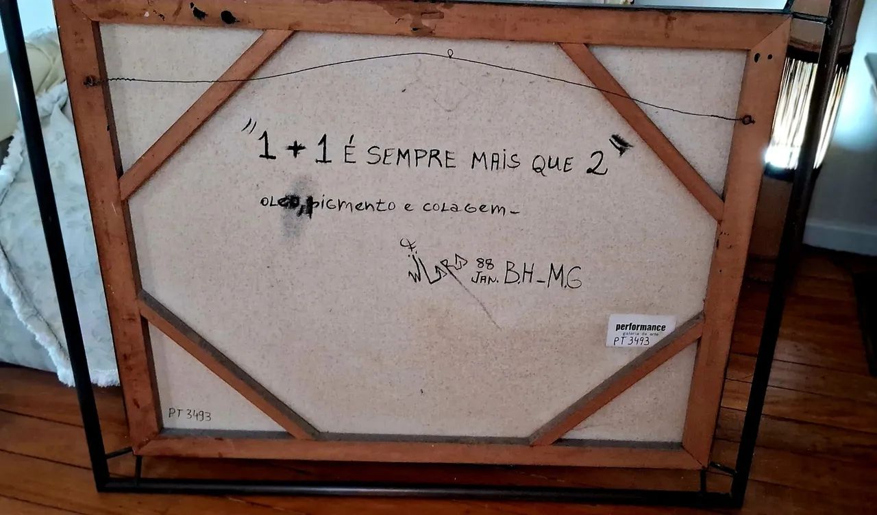 QUADRO PINTURA ÓLEO, PIGMENTO E COLAGEM. MOLDURA COBRE. " 1 É  SEMPRE + QUE 2 " W.LARA - Foto 3