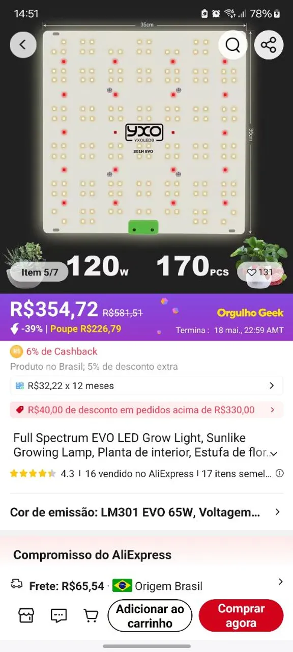 Luminária LED para Plantas Full Spectrum EVO 120W 170 LEDs