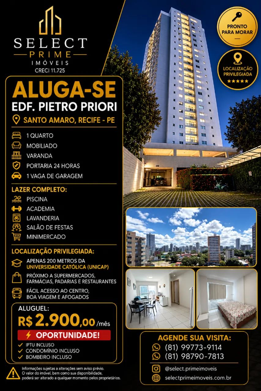 ALUGA-SE | EDF. PIETRO PRIORI - SANTO AMARO | RECIFE/PE | MOBILIADO