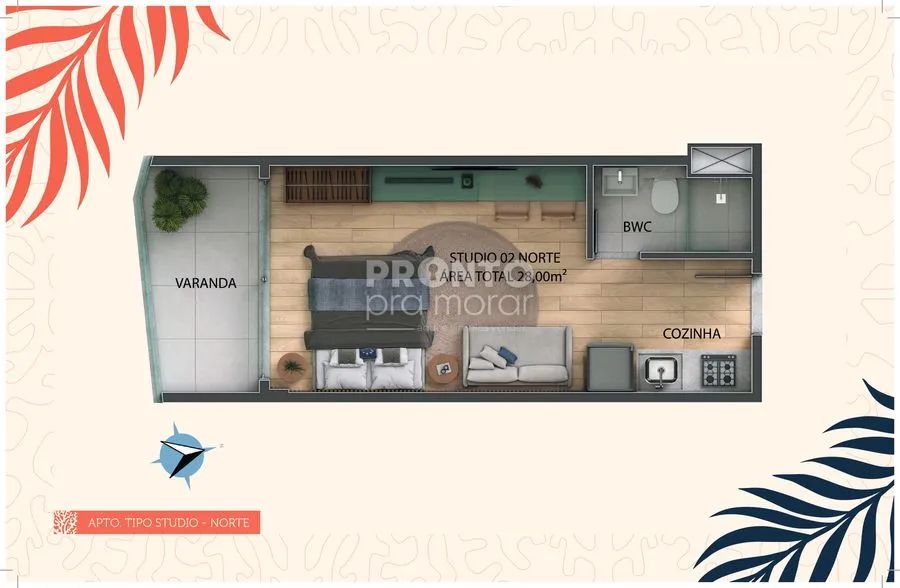 Flat com 1 quarto em Tamandare
