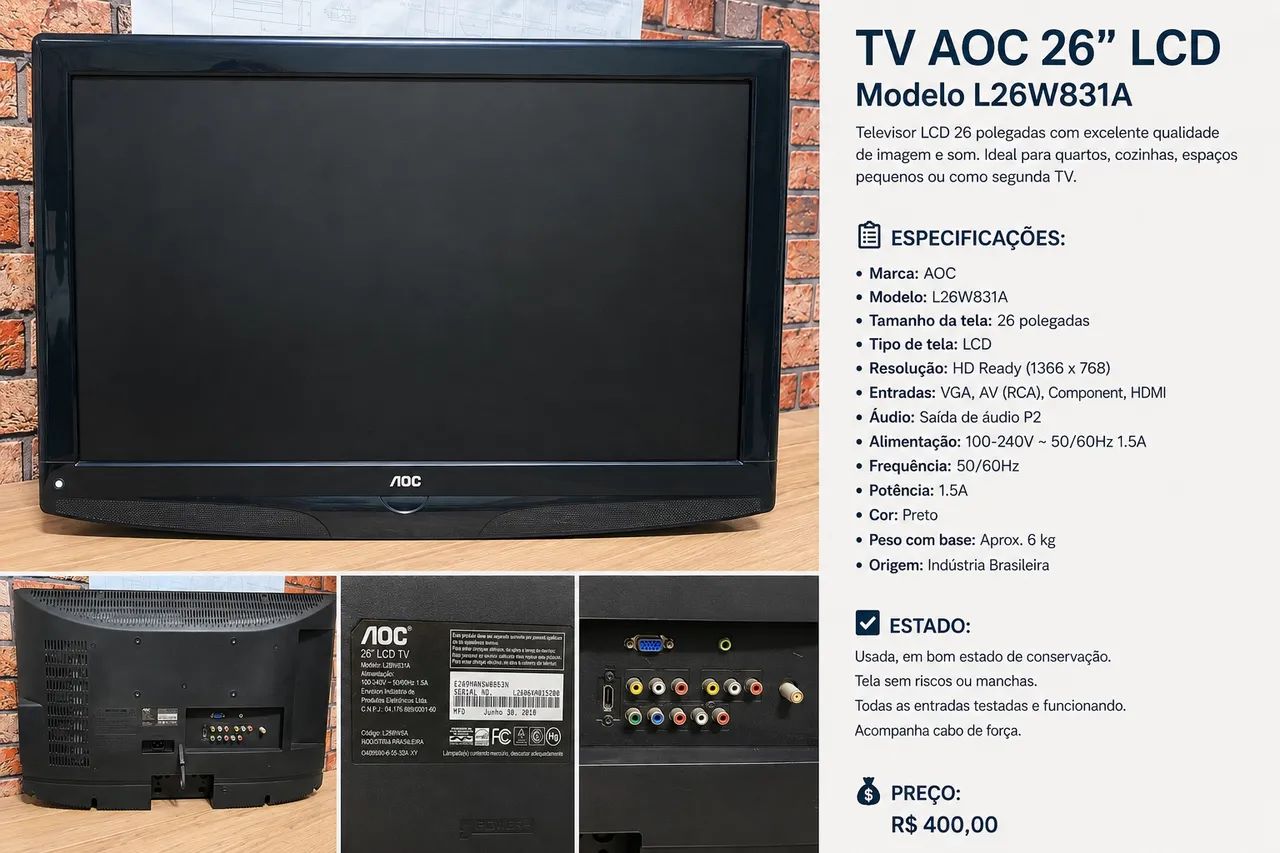 TV AOC 26? LCD HD - HDMI, VGA, AV e Componente - Funcionando Perfeitamente