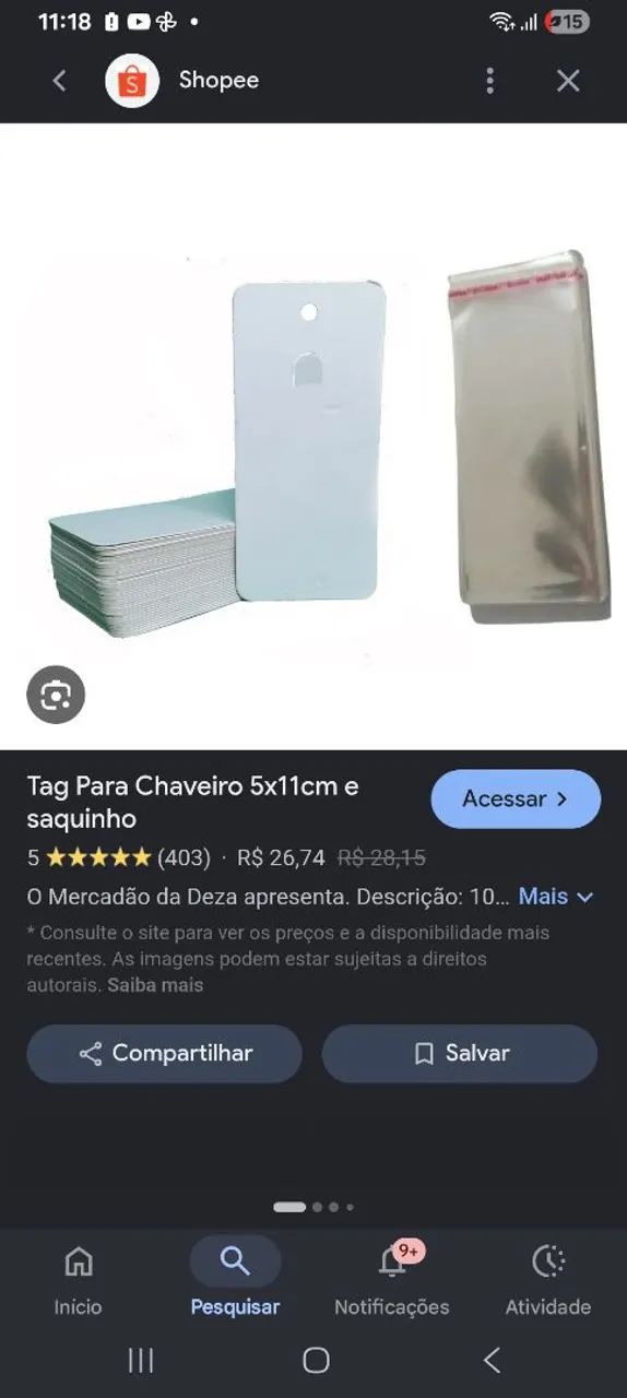 Cartela tag para chaveiro