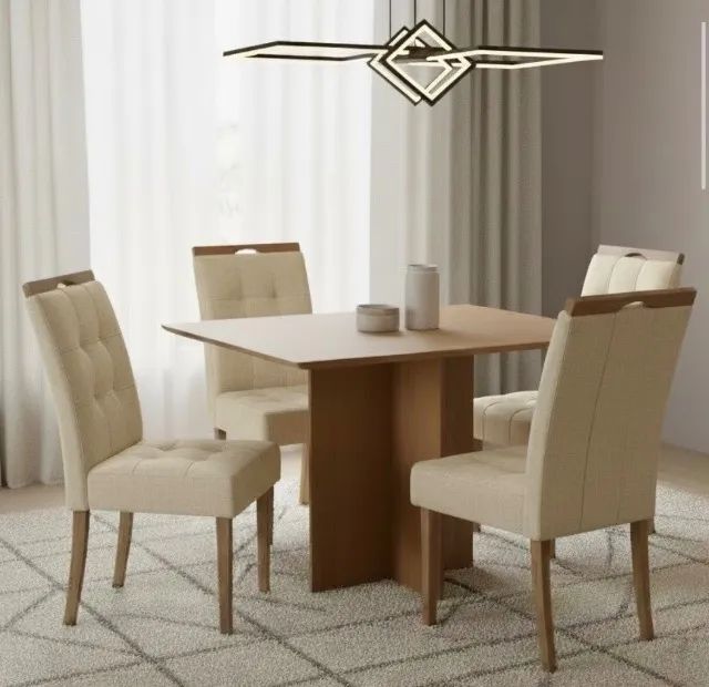 Mesa Quadrada Nobre 90 Imbuia Mel com 4 Cadeiras Linho Bege
