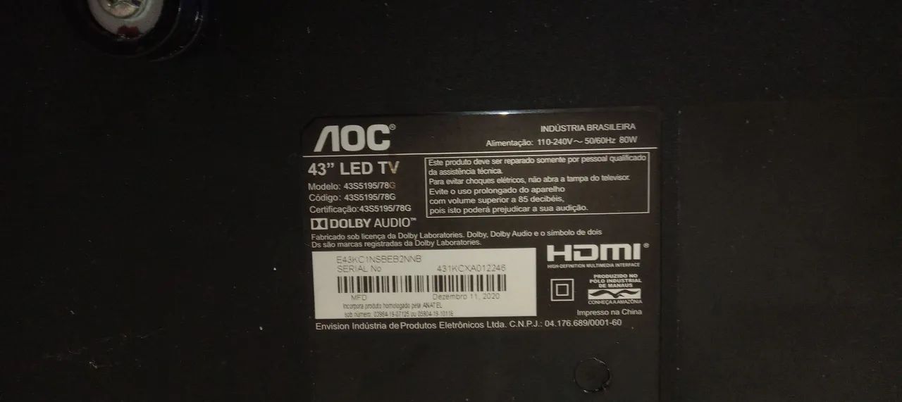 Tv AOC 43 polegadas com defeito 