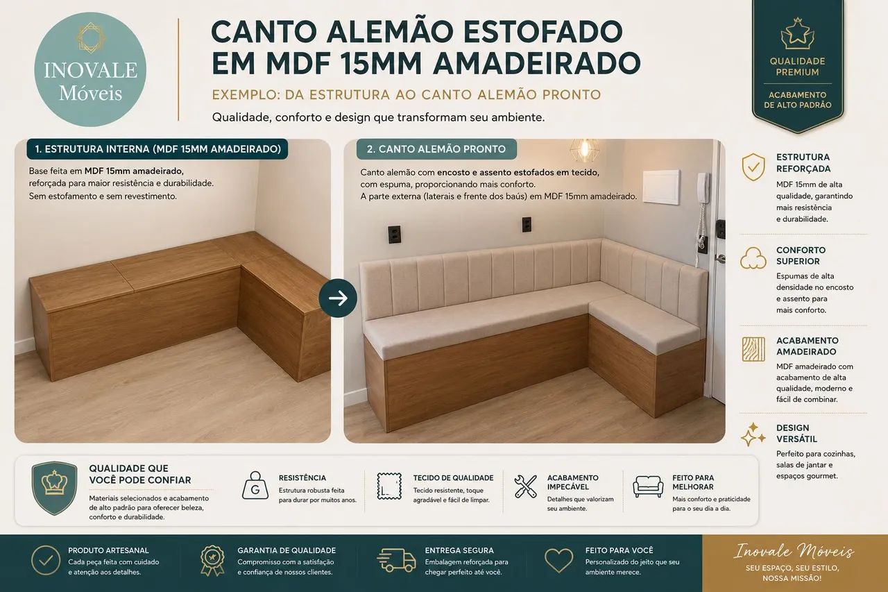 Canto Alemão Estofado baú MDF Amadeirado  - Foto 5