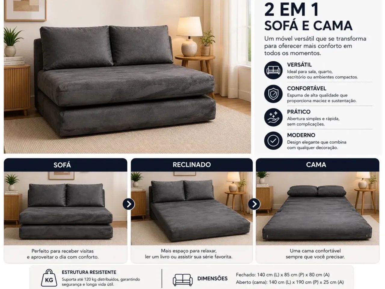 Sofá-Cama 1,40m - NOVO / NA CAIXA