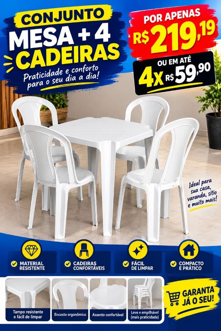 Conjunto mesas e cadeiras de plástico. 