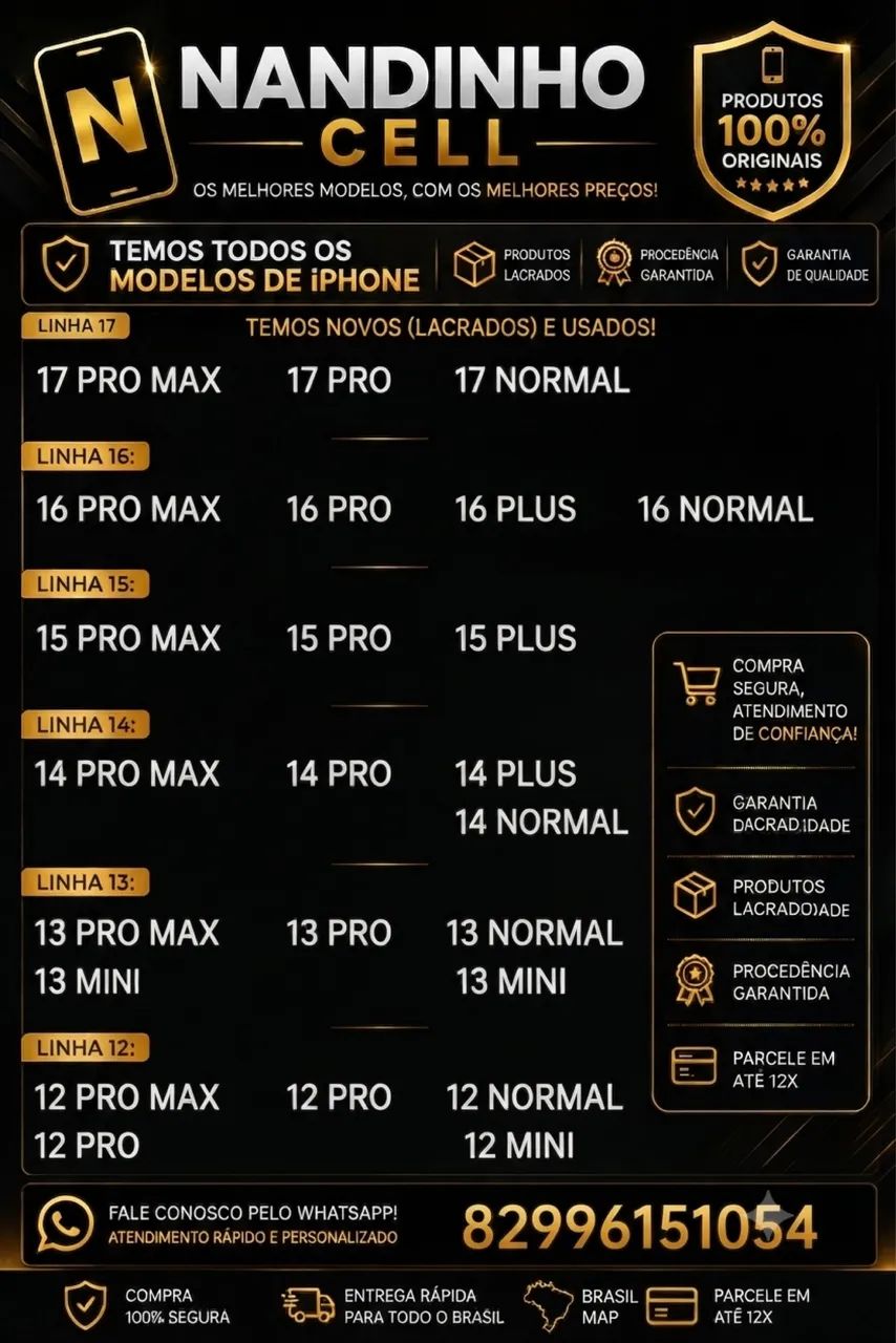 iPhones de todos os modelos do 12 ao 17 pro Max 