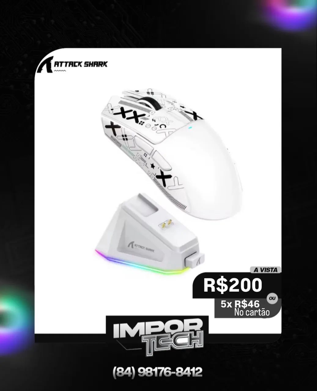 Mouse Attack Shark X11 sem fio (BRANCO). @importech_084