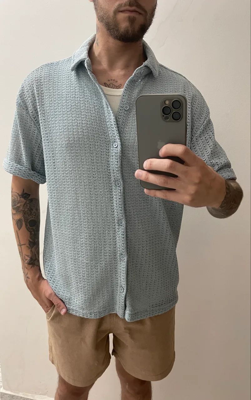 Camisa Tricô Masculina - Azul Bebê 