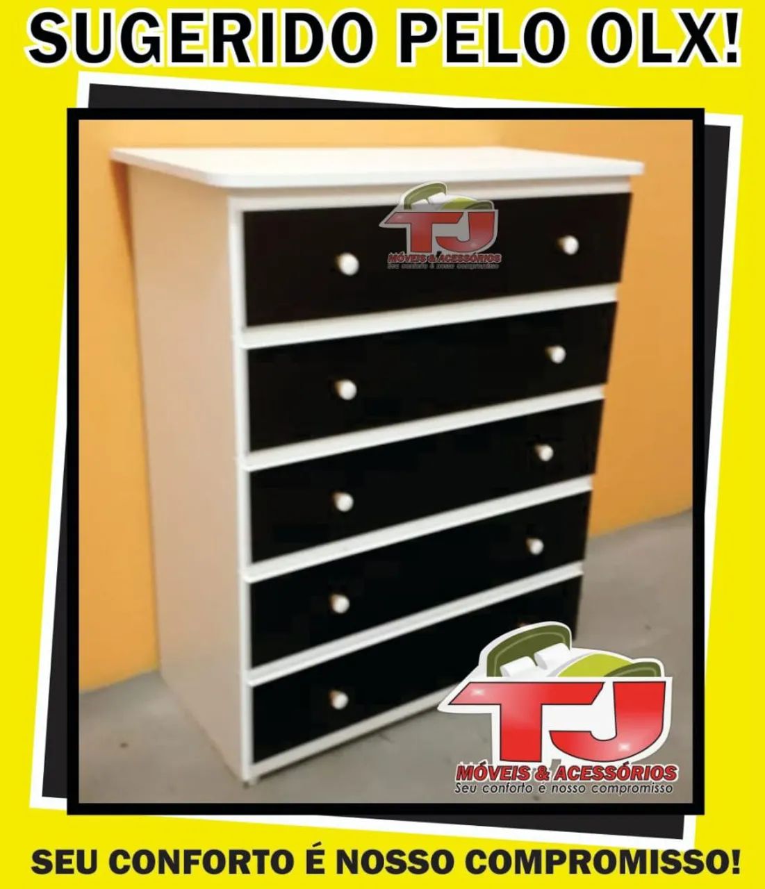 Cômoda preta 5 gavetas disponível 