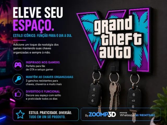 Porta Chaves Decorativo De Parede 4 GTA VI