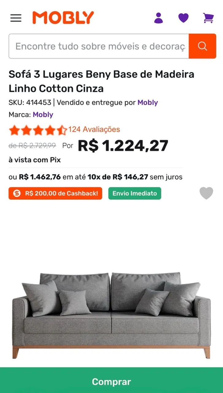 Sofá 3 Lugares Beny Base de Madeira Linho Cotton Cinza - Foto 4