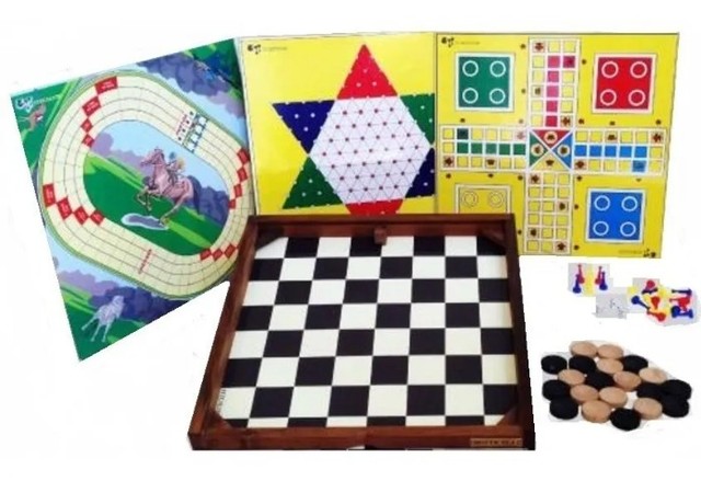 4 X 1 Jogos Estojo C/ Tabuleiro Ludo ,xadrez Chines, Dama E Hipismo