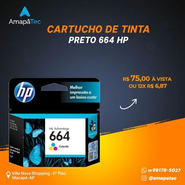 Cartucho HP 664 Colorido para impressoras:1015, 4645, 2645, 1515, 2515, 3515, 3545, 2545, 