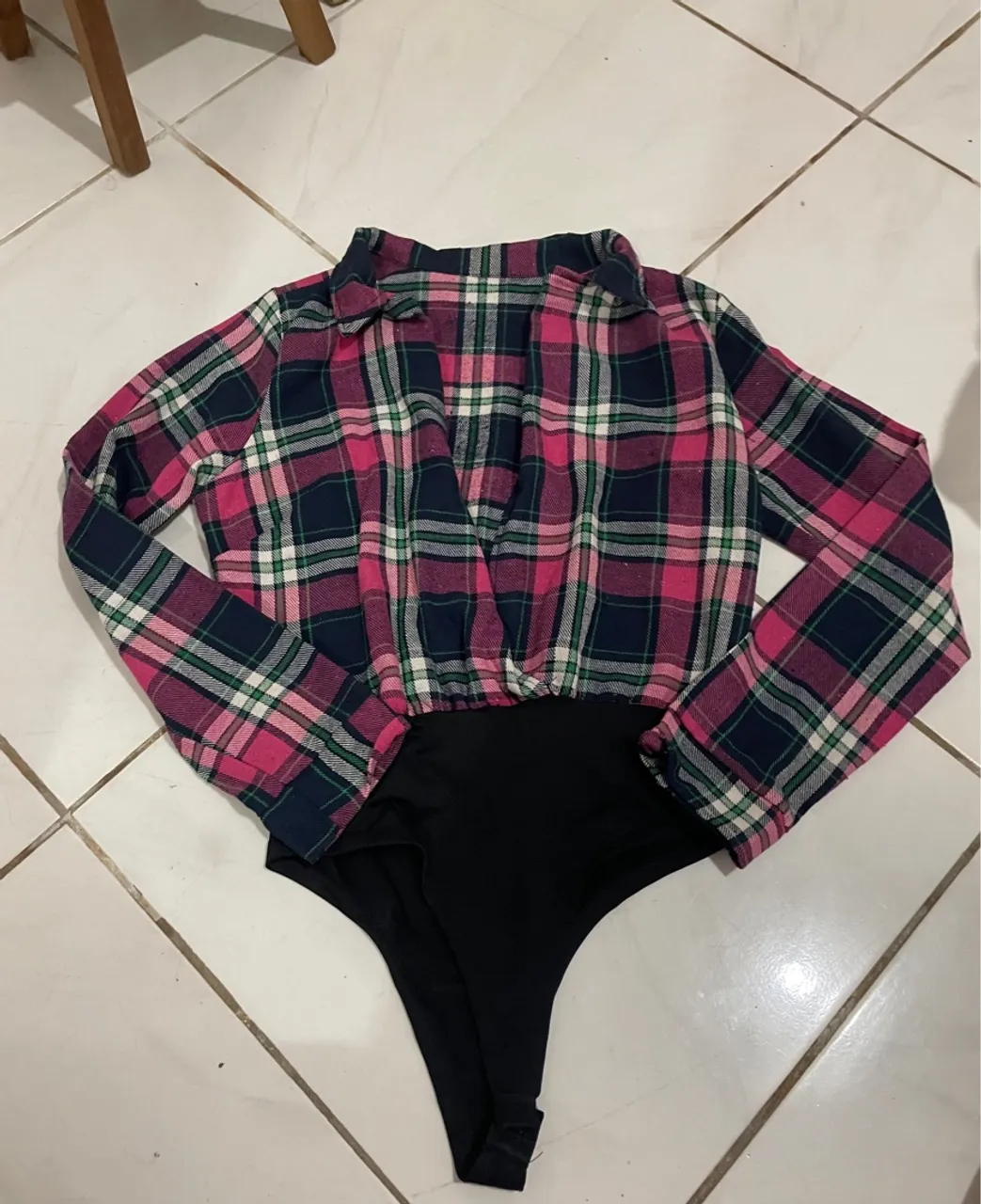 Body xadrez feminino manga longa