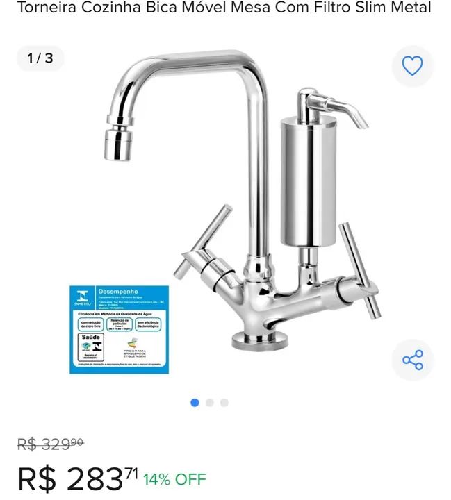 Torneira Cozinha Bica Móvel Mesa Com Filtro Slim Metal