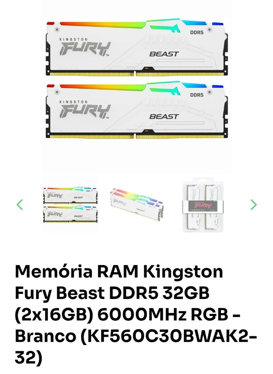Memória RAM Kingston Fury Beast DDR5 32GB (2x16GB) 6000MHz RGB