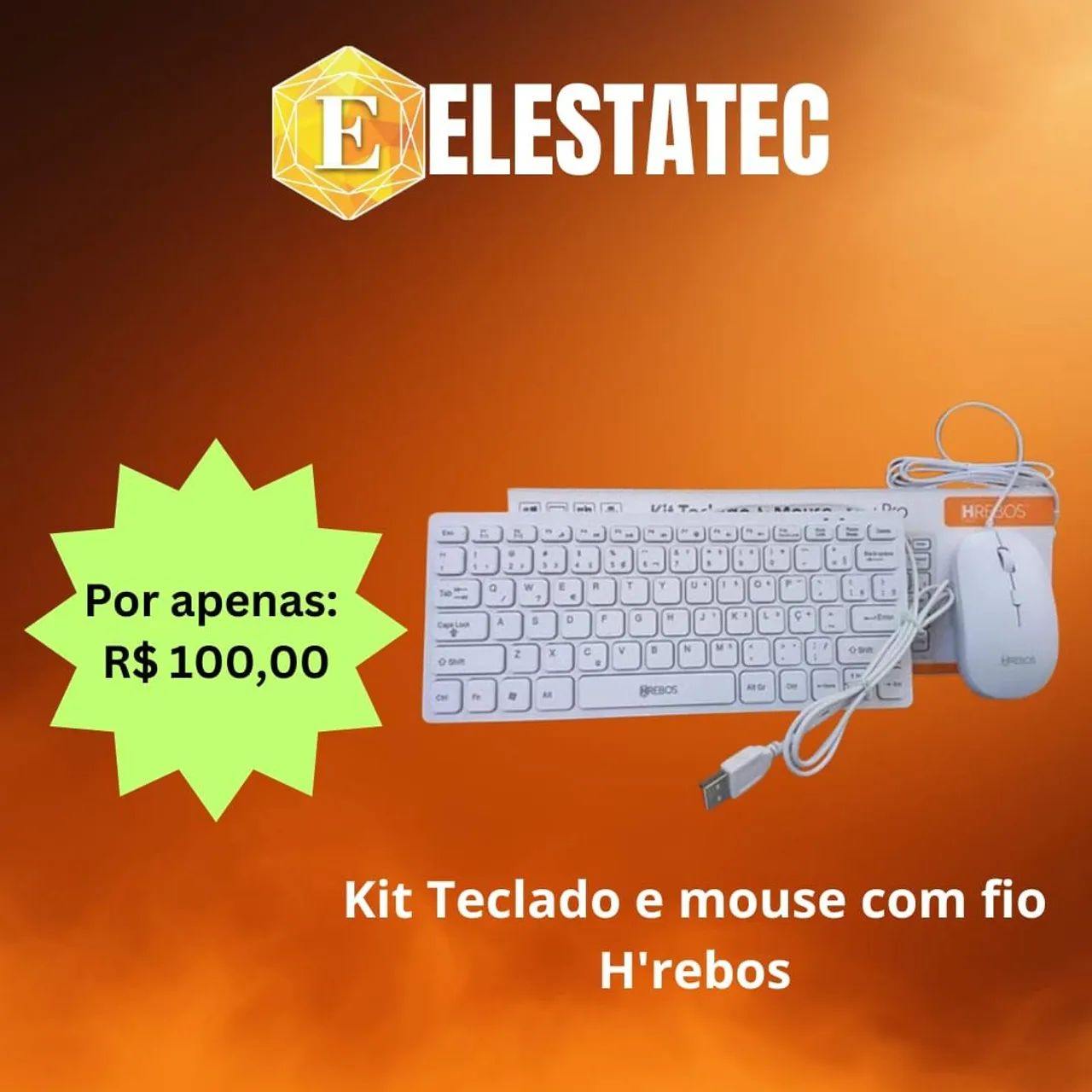 Kit Teclado e Mouse com Fio H'rebos - R$100,00