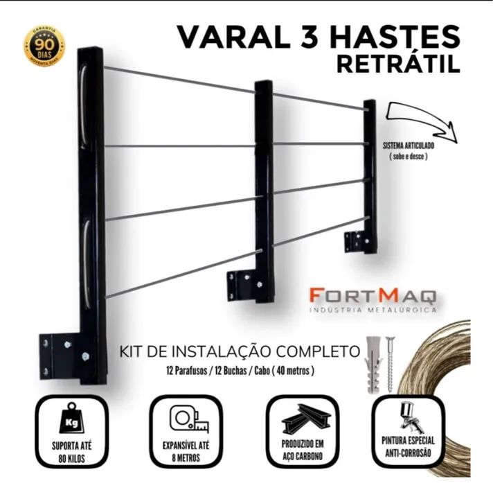 Varal de teto para roupas - 4 fios - Preto - Foto 2