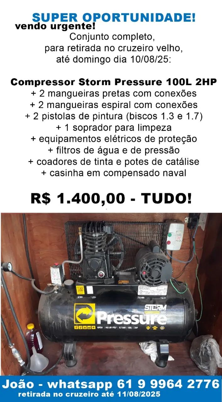 Compressor 100L Storm Pressure + pistolas + mangueiras +++