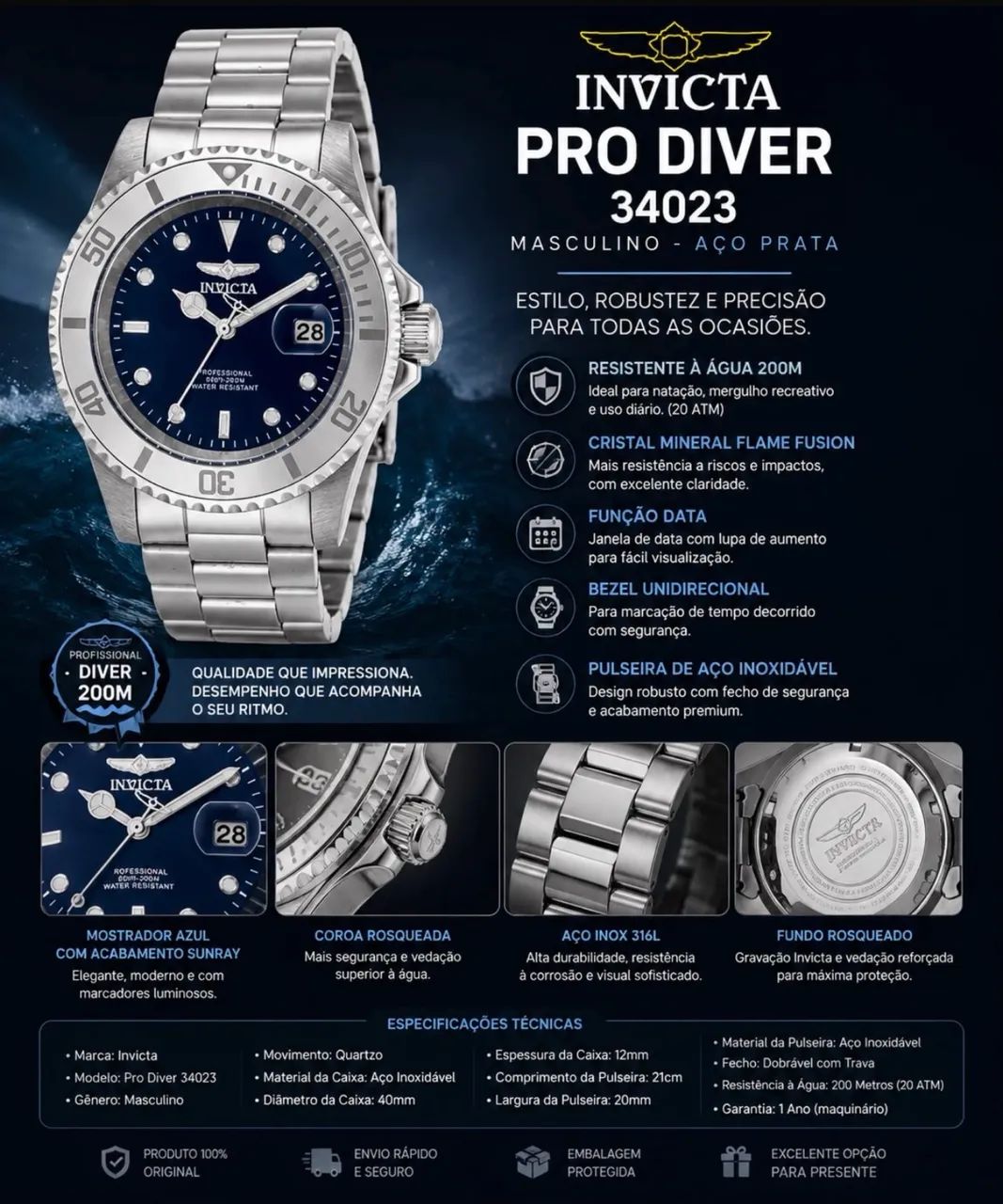 Relógio Invicta Pro Dive 40mm em aço.  Zero (sem uso)  - Foto 2