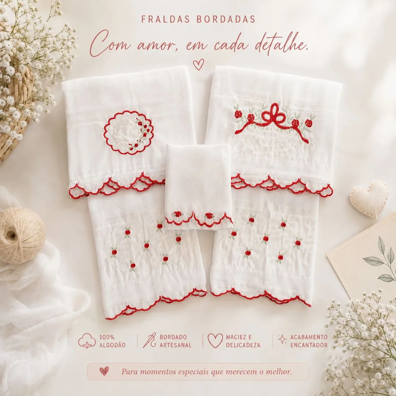 Fraldas bordadas kit 05 peças 