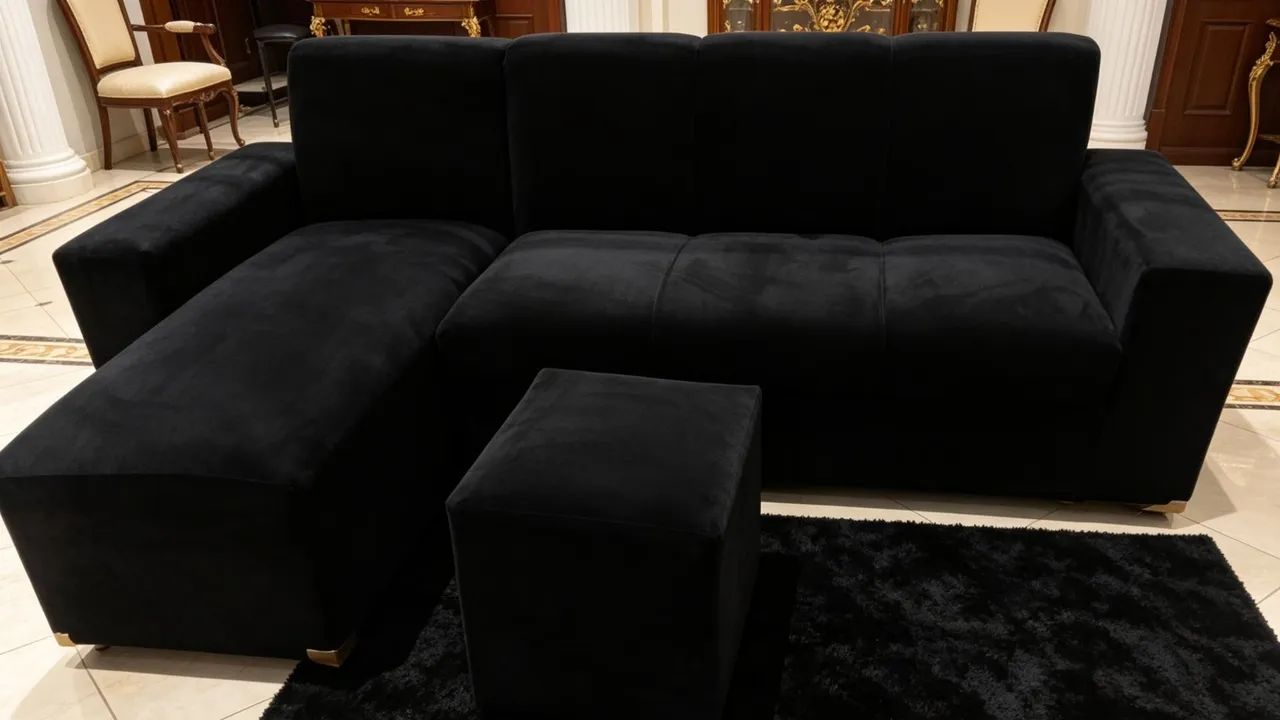 Sofá chaise preta disponível pronto entrega perfeito para sua sala de estar