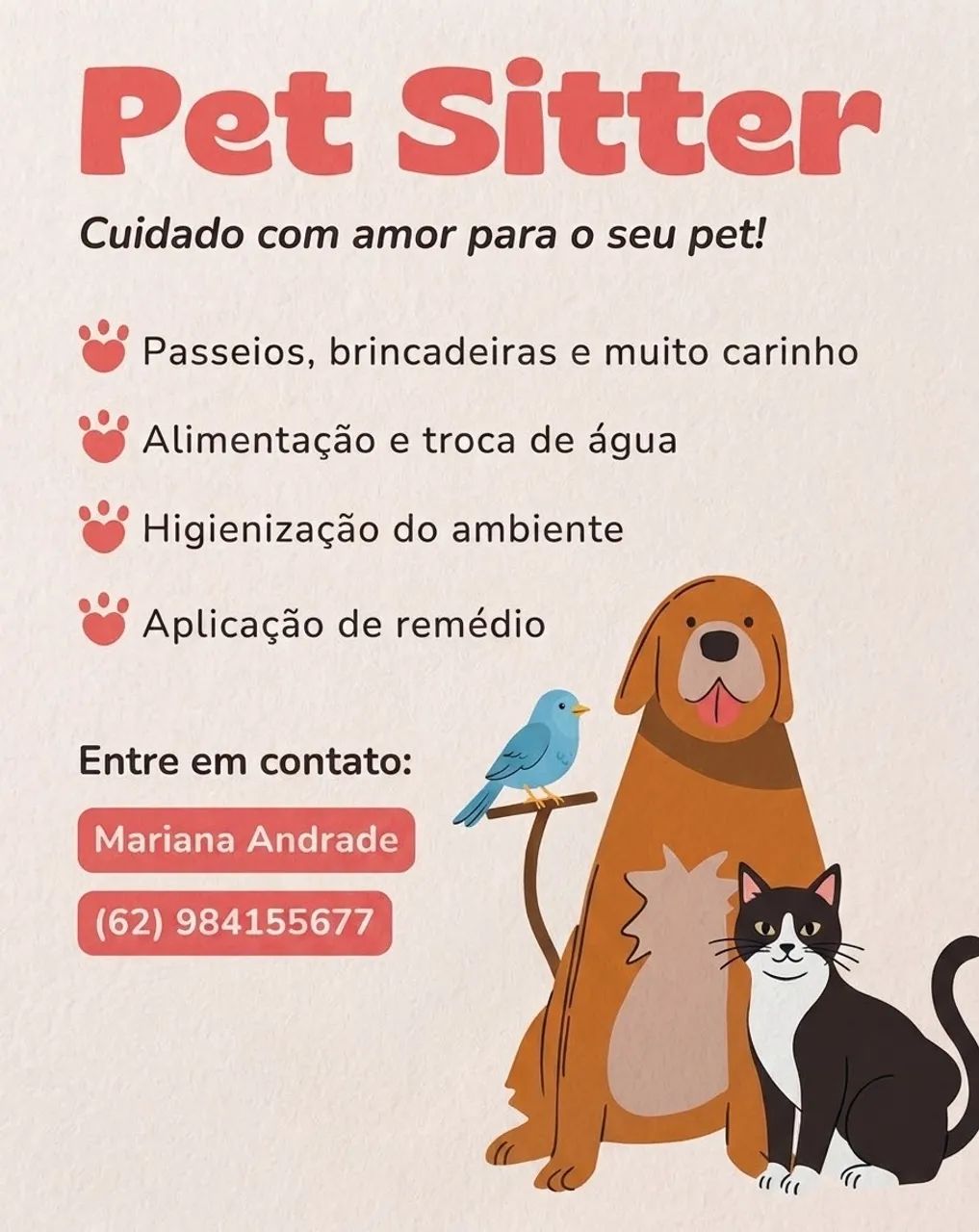 Pet sitter, cuidadora e passeadora de animais