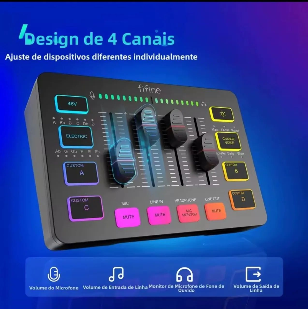 Mixer de Audio Fifine SC3 Interface para Streaming e Podcast com XLR RGB - Foto 2