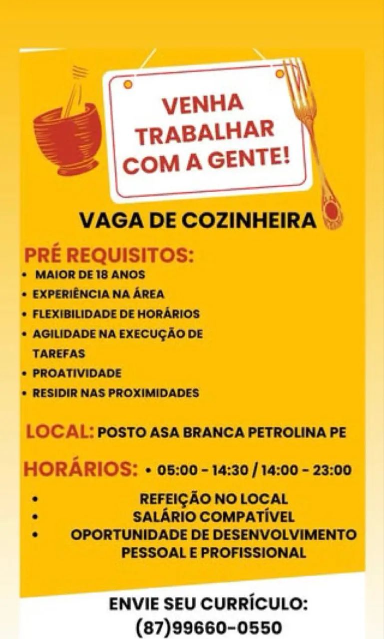 Vaga para COZINHEIRA em Petrolina 