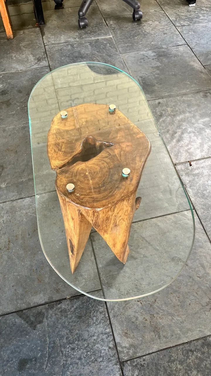 Mesa de Centro Madeira Recuperada Rústico Artesanal com Vidro
