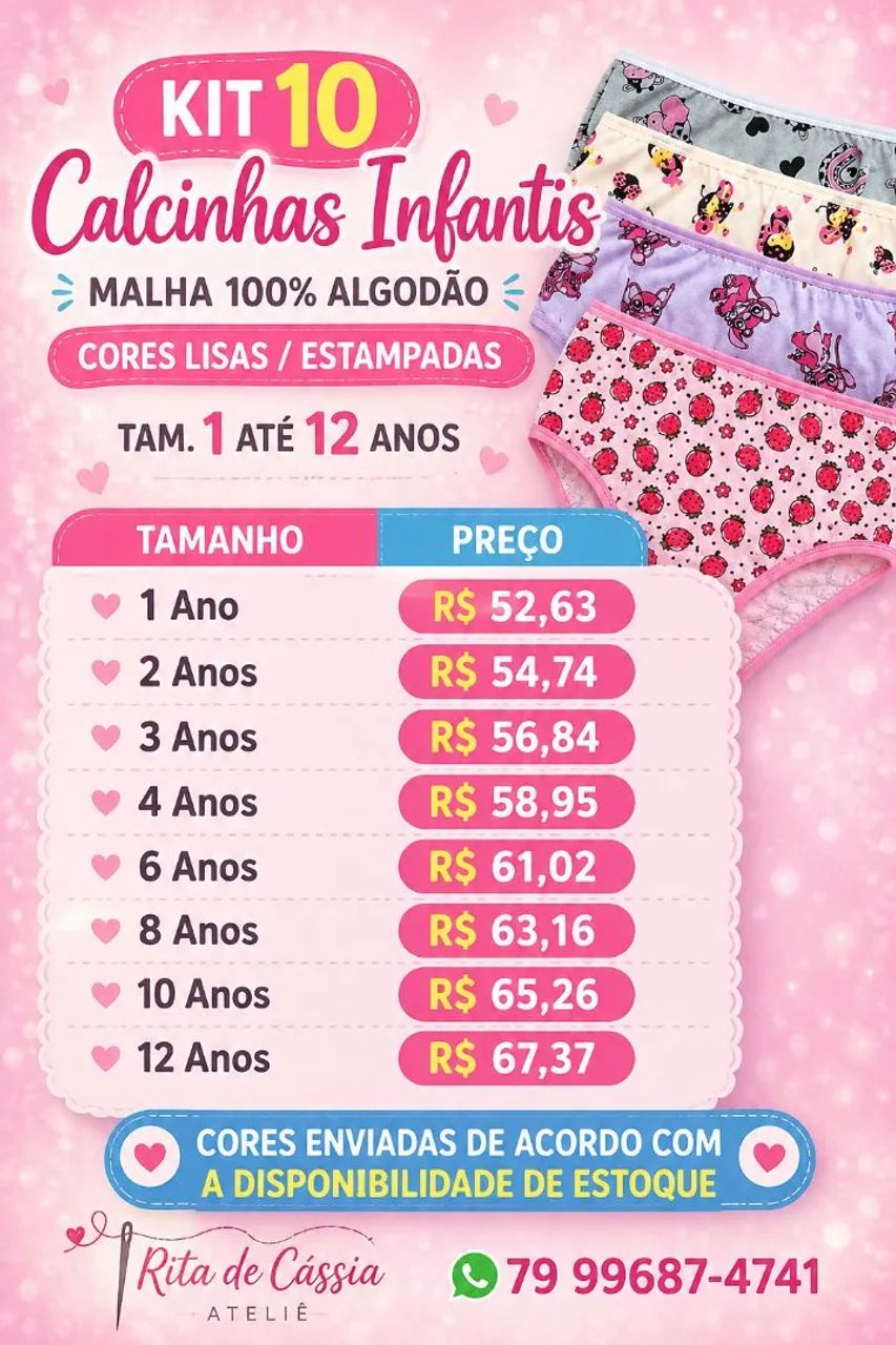 Kit 10 Calcinhas Infantis Malha 100% Algodão Cores Lisas/Estampadas - Foto 5
