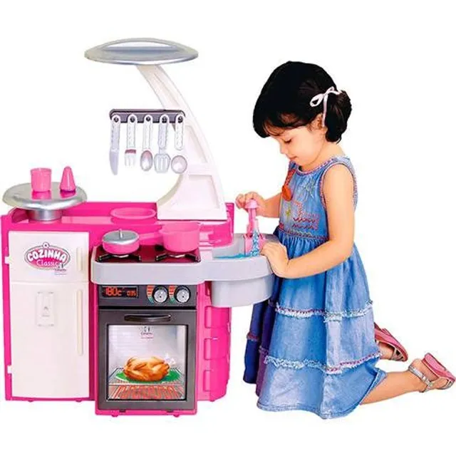 Jogo De Cozinha Barbie Meninas Rosa Grande Kit Completa Luxo Geladeira  Fogao Panelinhas Luzes Infantil Armário