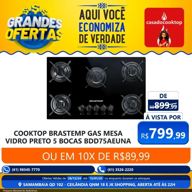 Cooktop 5 bocas Brastemp com grades piatina e acendimento automático BDD75