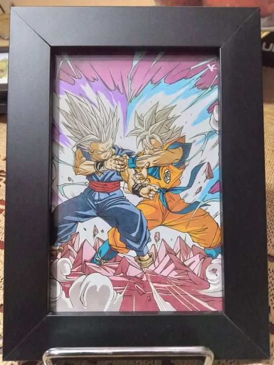 Quadro temático com vidro e moldura mdf preta Goku instinto superior vs Gohan beast 