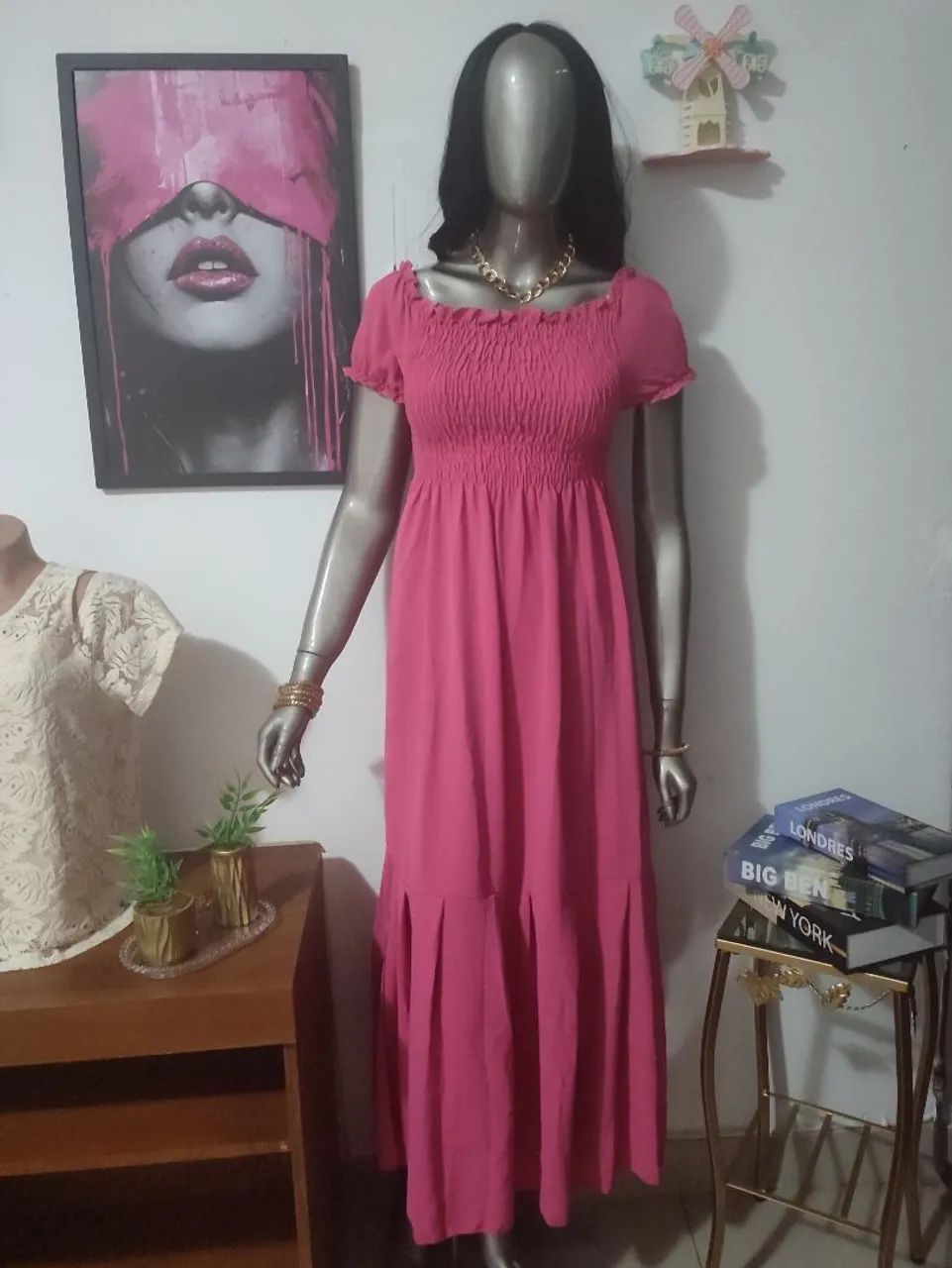 Vestido Longo de Crepe Duna com Lastex e Mangas Bufantes 