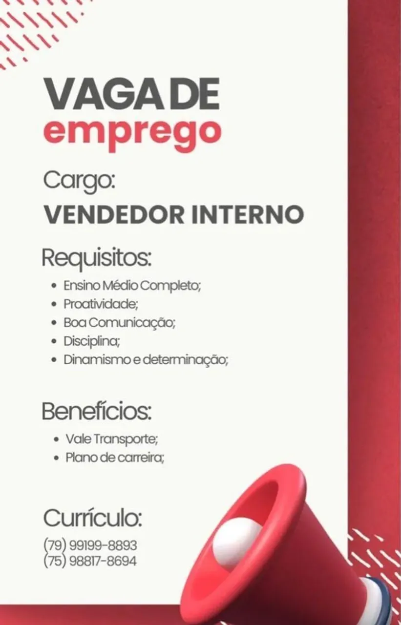 VAGA DE VENDEDOR INTERNO 