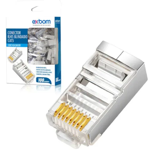 Conector Blindado RJ45 Cat5 8P8c Para Gigabit Ethernet Banhado a Ouro 100 Unidades Exbom