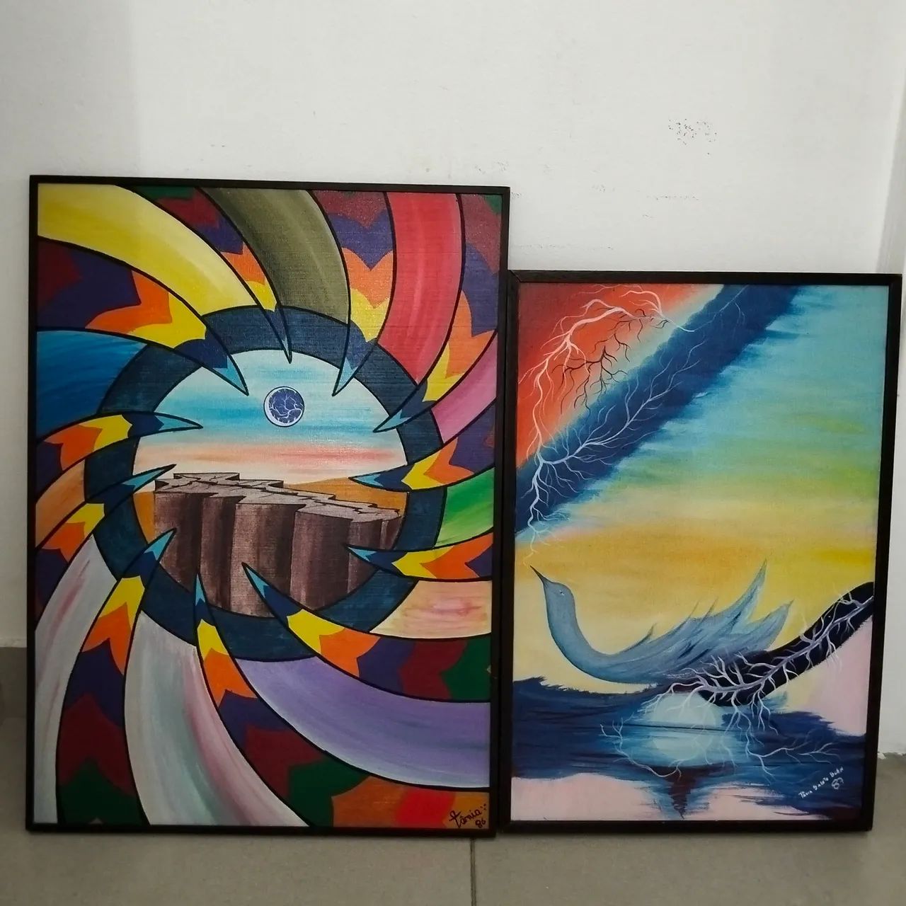 Kit com 2 Quadros Antigos Pintados a Óleo 
