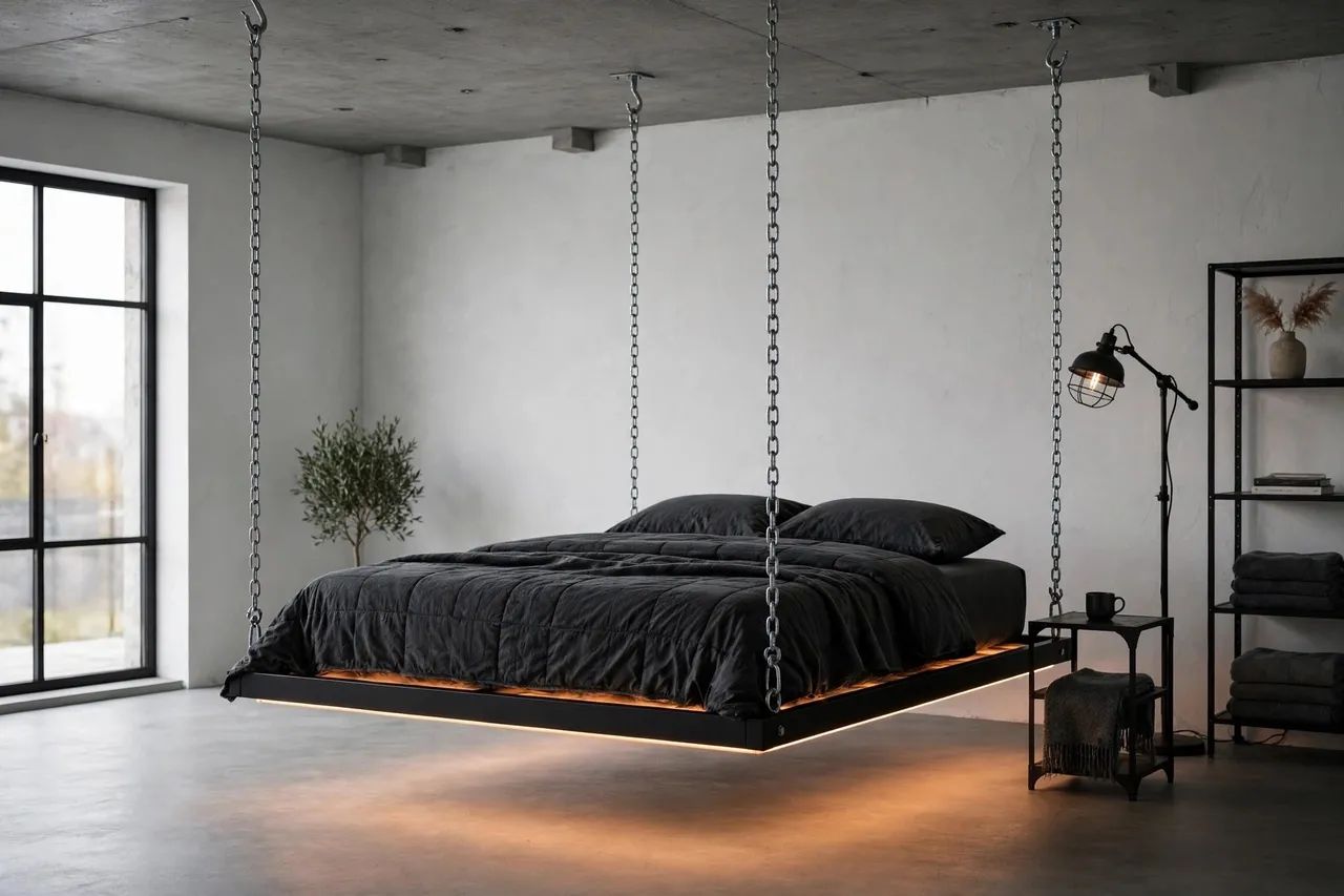 Cama de casal suspensa com corrente